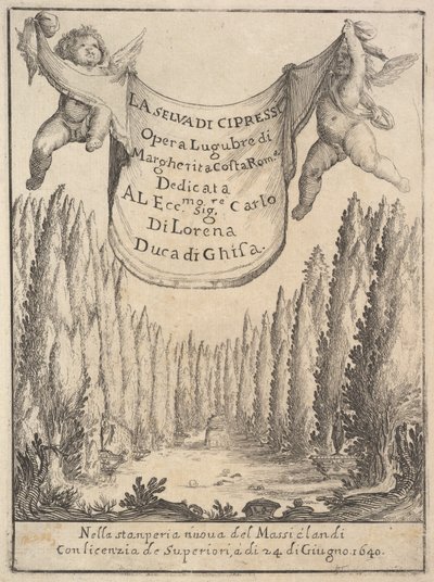 Frontispice pour La Forêt de Cyprès La selva di cipressi: deux putti tiennent une tapisserie, 1640 - Stefano della Bella