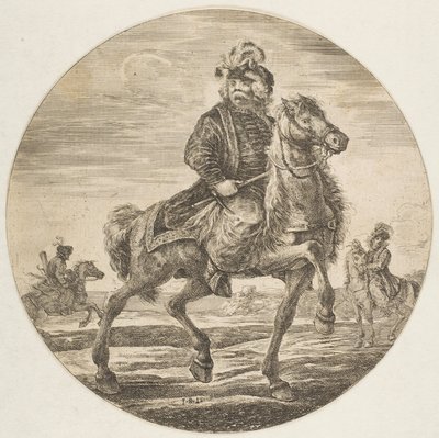 Cavalier hongrois chevauchant vers la droite, autres cavaliers en arrière-plan, un cirque, vers 1651 - Stefano della Bella