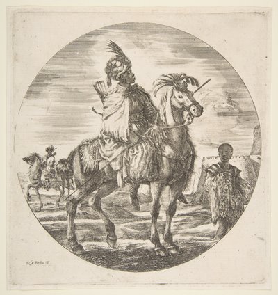 Cavalier maure de profil face à droite, un esclave noir tenant une fourrure à droite, un autre..., ca. 1651 - Stefano della Bella