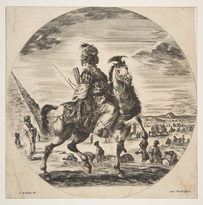 Cavalier Maure de profil face à droite, en arrière-plan une pyramide à gauche - Stefano della Bella