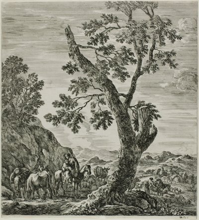 Paysanne montée avec un enfant dans ses bras, planche six de Les six grandes vues de Rome et de la Campagne - Stefano della Bella