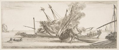 Combat naval, un navire au centre, vu de derrière, tirant sur quatre navires ennemis, un autre..., vers 1641 - Stefano della Bella