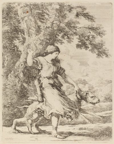 Nymphe tenant un grand chien par un collier - Stefano della Bella
