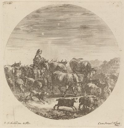 Paysans à cheval avec vaches, moutons et chèvres - Stefano della Bella