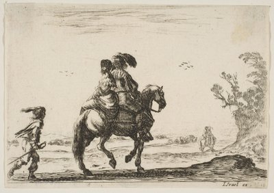Cavalier et femme vus de dos, chevauchant vers la droite avec un jeune - Stefano della Bella