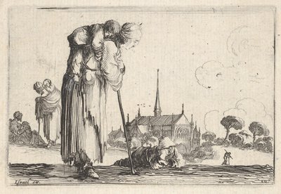 Planche 10: une paysanne tournée vers la droite avec un enfant sur son dos, un garçon allongé - Stefano della Bella