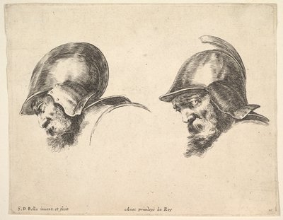 Planche 10 : deux têtes de vieux soldats portant des casques, tous deux regardant vers le bas - Stefano della Bella
