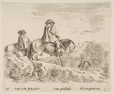 Planche 10: deux cavaliers descendant une montagne à gauche, un autre cavalier à droite dans..., vers 1644-47 - Stefano della Bella