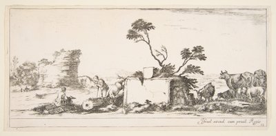 Plate 12: un dessinateur assis à gauche, un berger debout à côté de lui à droite, ruines en arrière-plan, ca. 1641 - Stefano della Bella