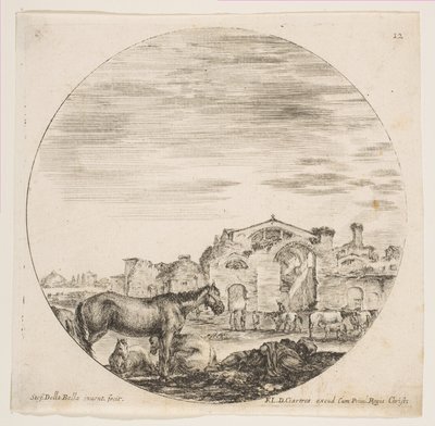 Planche 12 : un berger dormant sur le sol à droite, trois chevaux à gauche, autres chevaux - Stefano della Bella