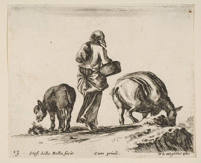 Planche 13 : une paysanne, vue de dos, tenant un panier au centre, un âne..., vers 1644-47 - Stefano della Bella
