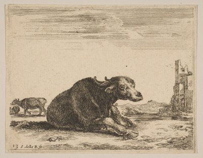 Planche 13 : buffle couché, de Divers animaux Diversi animali, vers 1641 - Stefano della Bella