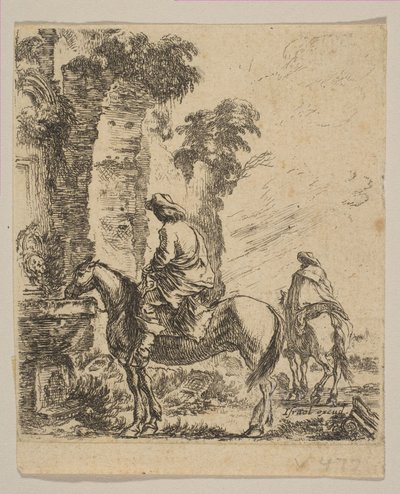 Planche 19 : Paysage avec un cavalier abreuvant son cheval à une fontaine, de Divers fi..., vers 1646 - Stefano della Bella