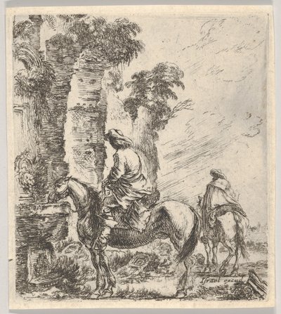 Planche 19: un cavalier faisant boire son cheval à une fontaine à gauche, un autre cavalier - Stefano della Bella
