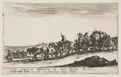 Planche 1 : Une charrette tirée par des chevaux transportant des personnes et des biens, cheval mort au premier plan - Stefano della Bella