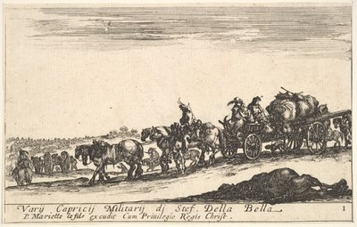Planche 1 : Une charrette tirée par des chevaux transportant des personnes et des marchandises, cheval mort au premier plan, vers 1641. - Stefano della Bella