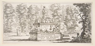 Planche 1 : un monument avec des statues et un blason au centre, un dessinateur sur le..., vers 1643 - Stefano della Bella