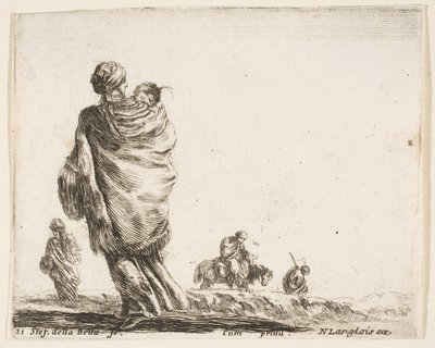 Une femme pauvre à gauche, vue de dos, enveloppant son enfant dans un châle, vers 1644-47 - Stefano della Bella