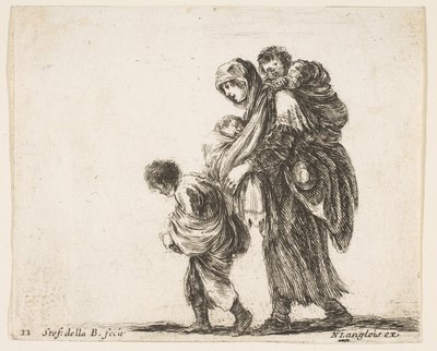 Planche 22 : une mendiante avec trois enfants, un enfant sur ses épaules, vers 1644-47 - Stefano della Bella