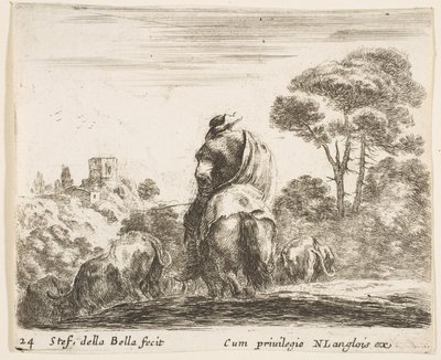 Planche 24: berger à cheval, vu de dos, conduit son bétail en bas d