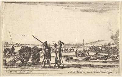 Planche 3 : Un officier donnant des ordres à un soldat au premier plan, canon à gauche, vers 1641 - Stefano della Bella