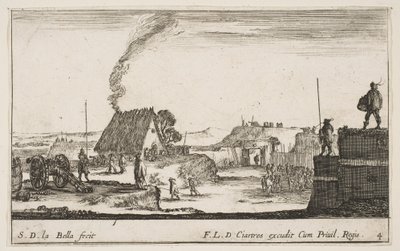 Planche 4 : Un camp militaire avec un soldat debout sur un parapet à droite battant, vers 1641 - Stefano della Bella