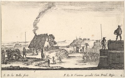Planche 4: Un camp militaire avec un soldat debout sur un parapet à droite battant..., vers 1641 - Stefano della Bella
