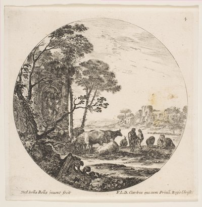 Planche 4 : un chapiteau corinthien au sol à gauche, un monument avec des figures en bas-relief - Stefano della Bella