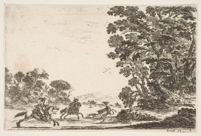 Chasse au cerf, deux cavaliers galopant vers la gauche derrière trois chiens et un cerf (détail) - Stefano della Bella