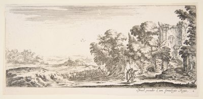 Planche 4 : deux pèlerins observant des ruines à droite, l