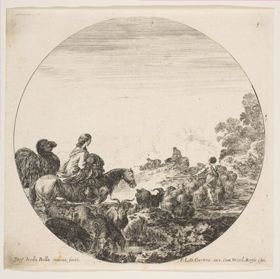 Planche 5: une femme portant un enfant sur un cheval à gauche, un chameau la suivant, un troupeau de..., vers 1646 - Stefano della Bella