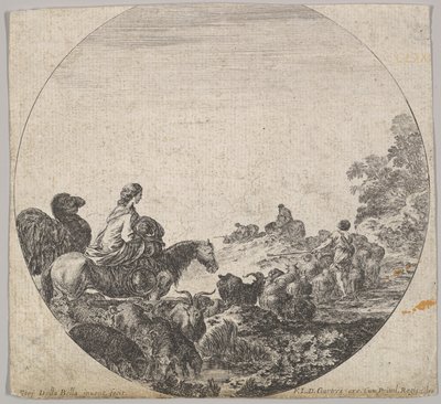 Planche 5 : une femme portant un enfant sur un cheval à gauche, un chameau la suivant, un troupeau, vers 1643-1648 - Stefano della Bella