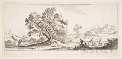 Planche 6 : un pêcheur portant un filet à gauche, deux cavaliers dans un ruisseau à droite, un arbre - Stefano della Bella