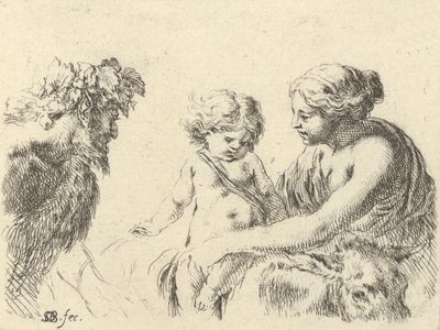 Planche 6 : une femme à droite tenant son enfant assis sur un âne, un satyre à gauche, vers 1646 - Stefano della Bella