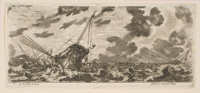 Plaque 6 : trois navires dans une tempête, de Divers embarquements, vers 1646-47 - Stefano della Bella