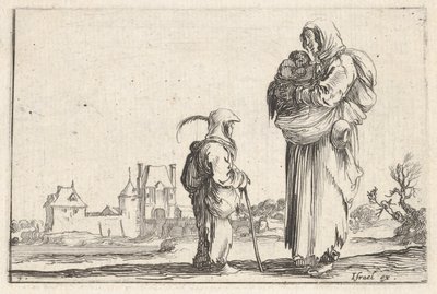 Planche 7 : une paysanne portant un enfant à droite, parlant à un autre enfant debout..., vers 1642 - Stefano della Bella