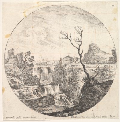 Planche 7 : une triple cascade, un arbre mort à droite, une montagne et un troupeau de vaches, vers 1643-48 - Stefano della Bella