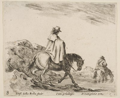 Planche 8 : un cavalier descend une berge, un autre cavalier dans la rivière à droite - Stefano della Bella