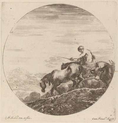 Berger à cheval conduisant un troupeau de divers animaux - Stefano della Bella