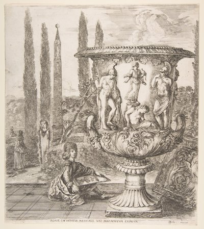 Le Vase Médicis, un grand vase à droite décoré d