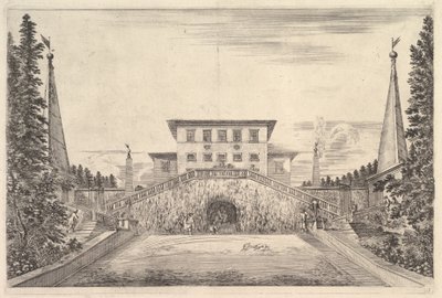 La villa au centre flanquée de quatre obélisques, un escalier de chaque côté, une statue, vers 1653 - Stefano della Bella