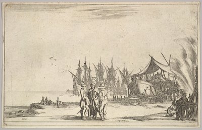 Trois hommes portant des chapeaux debout au centre, des hommes réparant un navire à droite, cinq navires et divers, 1639 - Stefano della Bella
