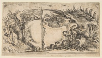 Deux moitiés différentes de cartouches montrant chacune un aigle combattant un serpent, 1646 - Stefano della Bella