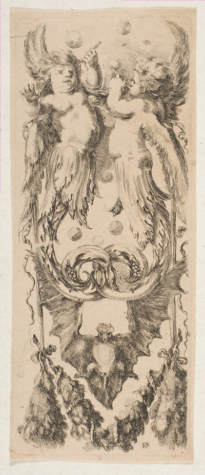 Deux enfants ailés avec des corps se transformant en ornement soufflant des bulles, vers 1653 - Stefano della Bella