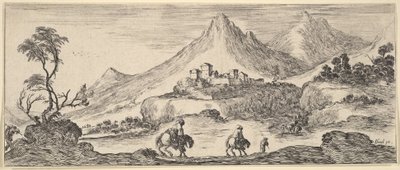 Deux cavaliers descendent une colline au centre, suivant un autre homme à pied, un château en arrière-plan - Stefano della Bella