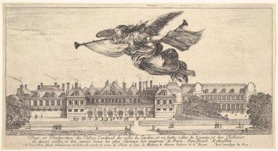Vue du Palais Cardinal, la figure de la Renommée au centre en haut volant vers la gauche - Stefano della Bella