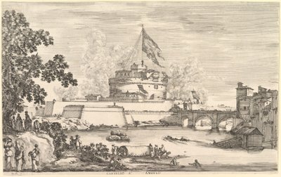 Vue du fleuve Tibre, un grand arbre à gauche, deux groupes de femmes à gauche au premier plan - Stefano della Bella