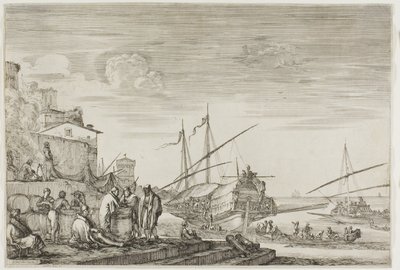 Vues du port de Livourne : Maisons surplombant un port - Stefano della Bella