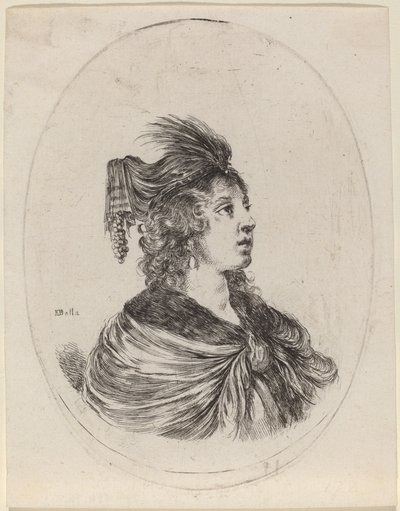 Femme avec un turban à plumes, tournée vers la droite - Stefano della Bella