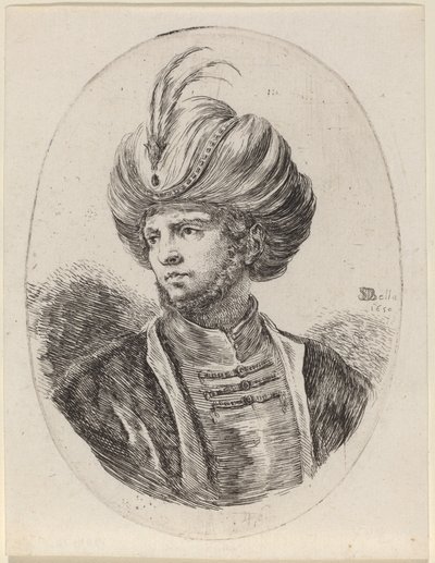 Jeune Maure avec une légère barbe et un turban à plumes, tourné vers la gauche - Stefano della Bella